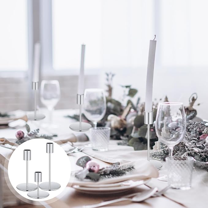 Sieral Candle Holders Bulk Taper Candlesticks Holders Set Modern Decorative Metal Candelabras for Wedding Anniversary Home Dinning Table Centerpiece Xmas Party Decor(Silver,24 Pcs)