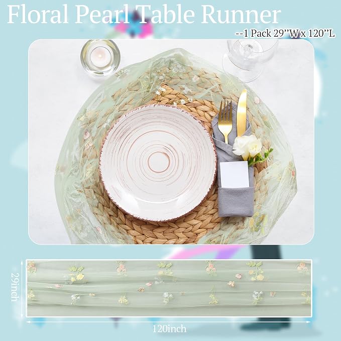 Lounsweer Sage Green Wildflower Table Runner 10ft Embroidery Tulle Spring Floral Table Runner Seasonal Summer Butterfly Kitchen Dining Gauze Decoration for Wedding Baby Shower Birthday Party