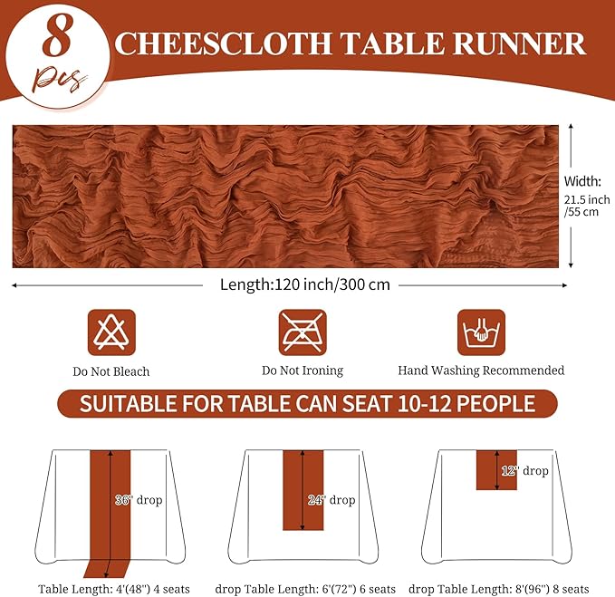 8 Pack 10Ft Cheesecloth Table Runner Terracotta, 20 x 120 Inch Rustic Gauze Boho Cheese Cloth Wedding Long Table Runner for Wedding Party Bridal Shower Decoration