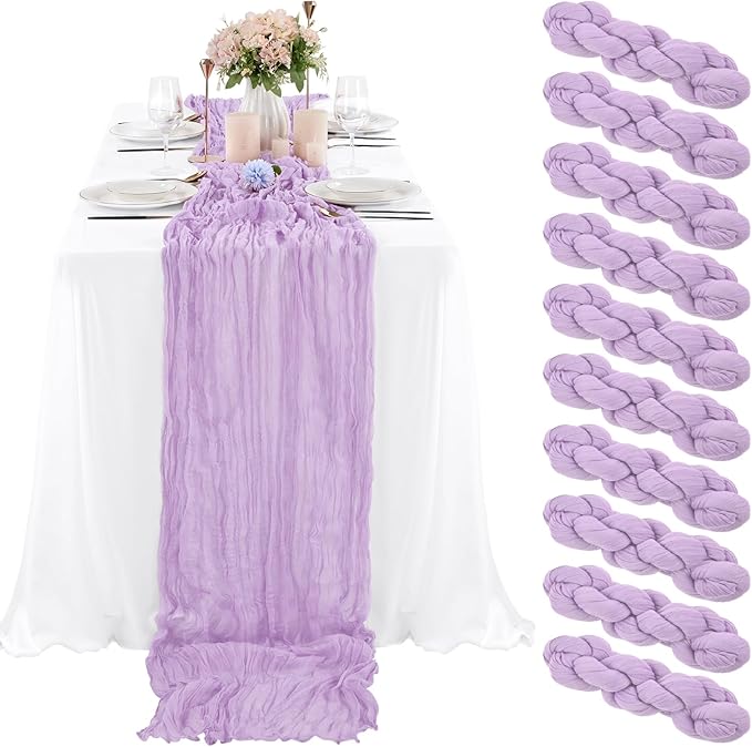 10 Pcs Lilac Cheesecloth Table Runner 10FT, Gauze Table Runner for Wedding Reception Sheer Bridal Shower Birthday Party Boho Table Decoration, Rustic Romantic Wedding Runner