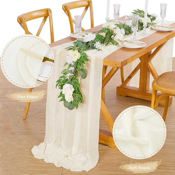 Beige Chiffon Table Runner Sheer: 10 Pieces 14x120 Inches Wedding Table Runners - 10ft Soft Fabric for Daily Dining Bridal Baby Shower Decorations