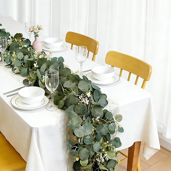 2Pcs Eucalyptus Garland, 6FT Green Garland with Flowers, Artificial Faux Greenery Vines for Wedding Party Table Centerpieces Runner Room Home Mantle Decor