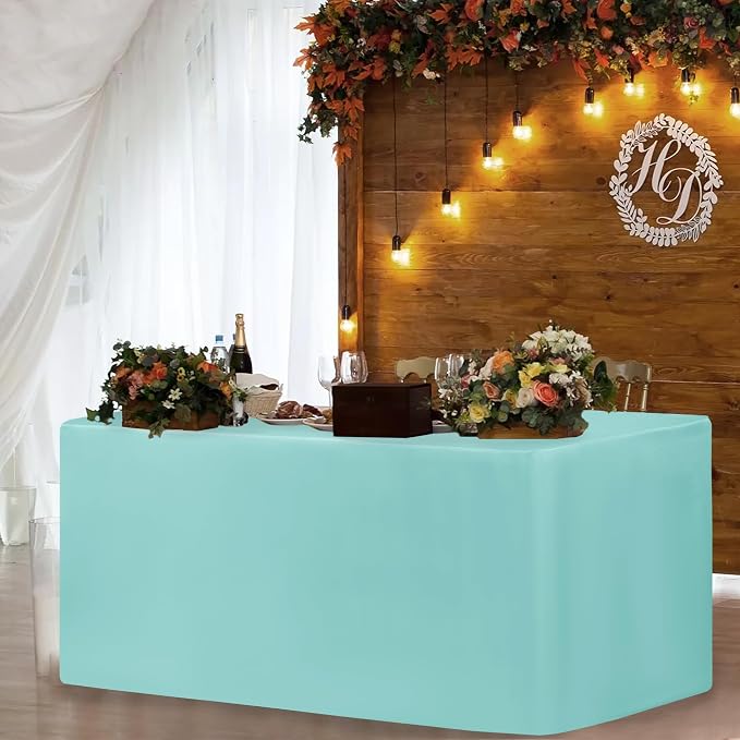 HolidayIdeas Fitted Table Covers for 6 Foot Tables - 72 x 30 Inch - 2 Pack Rectangle Table Clothes Polyester Fabric Table Cover for Folding Table, Parties, Holiday Dinner, Trade Show (Aqua)