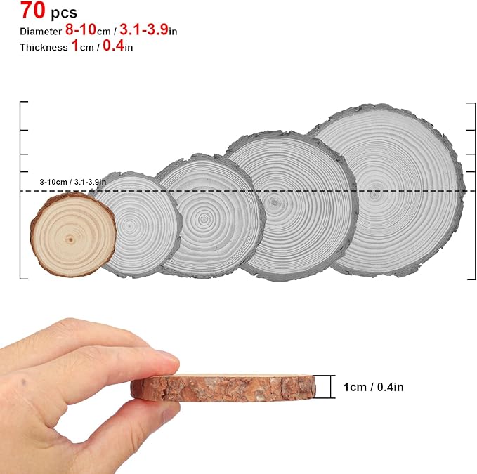 70 PCS Unfinished Wood Slices for Centerpieces, 3.15-4 Inch Natural Wood Slices with Tree Bark for DIY Crafts, Ornaments, Art & Decor