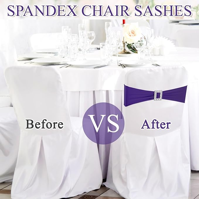 VitalCozy 100 Pcs Spandex Chair Sashes with Square Buckle Slider Stretch Chair Cover Band Universal Elastic Ties Straps Bows for Wedding Banquet Event Party Decoration(Dark Purple)