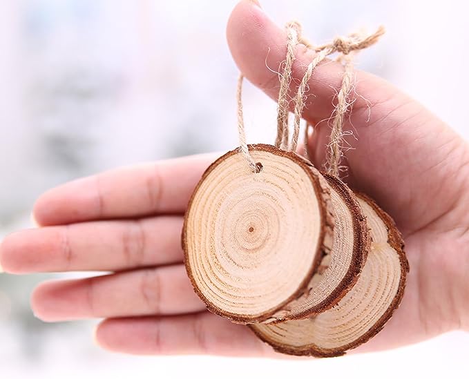 Wood Slices 54 Pcs 2.8-3.1 Inches,Wood Slices for Crafts with Hole,Small Wood Cookies,Natural Wood Slices for DIY Rustic Candle Holders/Wedding/Christmas. ﻿