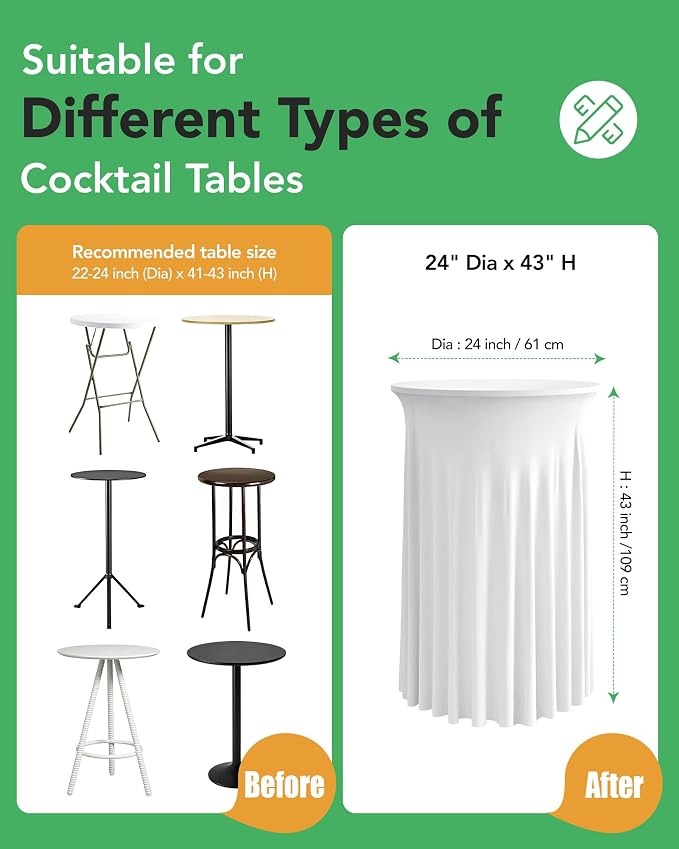 KeyWave Cocktail Table Tablecloth with Skirts - 24x43 Inch Wavy Spandex High Top Cocktail Table Covers, Ruffle Drape Highboy Tablecloth Reusable for Party Wedding Cake Standing Table, White, 6 Pack