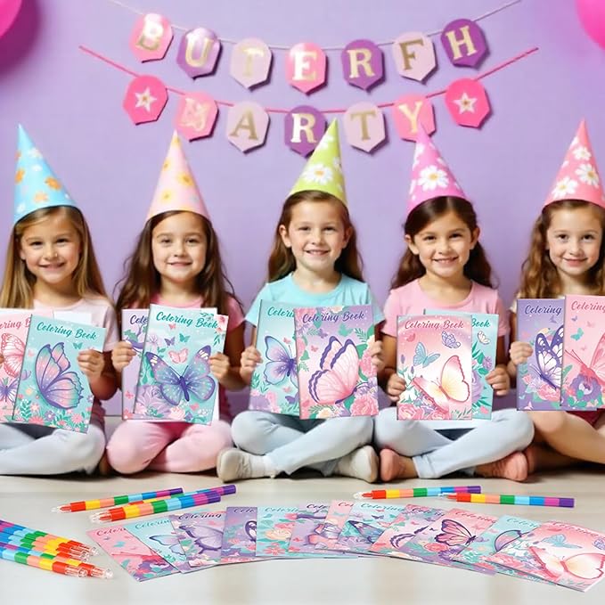 BenLouis 24 Butterfly Mini Coloring Books Kids with 24 Stacking Crayons Butterfly Theme Party Favors Activity Books Bulk for Kids Spring Fairy Birthday Goodie Bag Gift Stuffer Classroom Reward