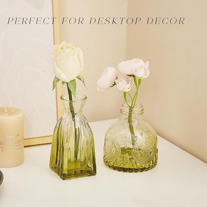 Glass Bud Vase Set of 16, Small Flower Vases, Glass Vases for Centerpieces, Vintage Home Table Decorations Bud Vases (16 Pcs, Green)