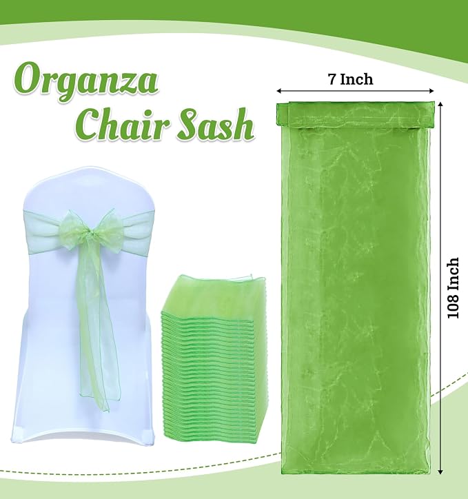 MDS® Pack of 50 Organza Chair Sashes for Wedding Decoration, Reusable Sheer Chair Bows for Banquet Chair Cover, Reception, Bridal Shower, Baby Shower, Birthday Party & Special Events - Apple Green