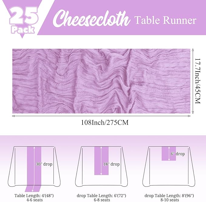 25 Pack Lavender Table Runner 17 x 108inch Cheesecloth Table Runner Boho Gauze Table Runners Rustic Sheer Fabric Cheese Cloth Table Runners for Wedding Party Bridal Shower Farmhouse Thanksgiving Decor