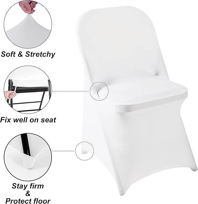 Howhic Folding Chair Covers - 50pcs, Stretchy Fitted Universal Spandex Covers for Wedding, Party, Banquet, Conference (White)