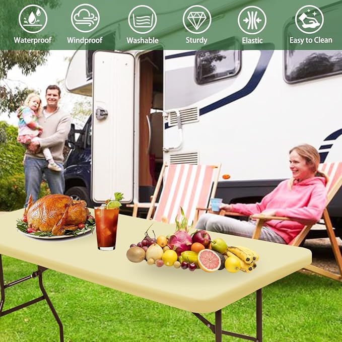 6 Foot Picnic Table Cover Fitted 10 Pack Elastic Outdoor Tablecloths for Rectangle Table Waterproof Stretch Washable Patio Folding Spandex Tablecloth for Camping Banquet Parties (Champagne,30" x 72")