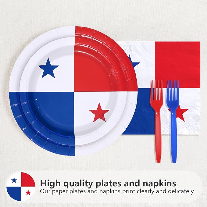 96Pcs Panama Flag Party Supplies Panama Theme Plates and Napkins National Flag Disposable Paper Tableware Set for Soccer Sports Events Patriotic Festival Brithday Party Decoration Serves 24