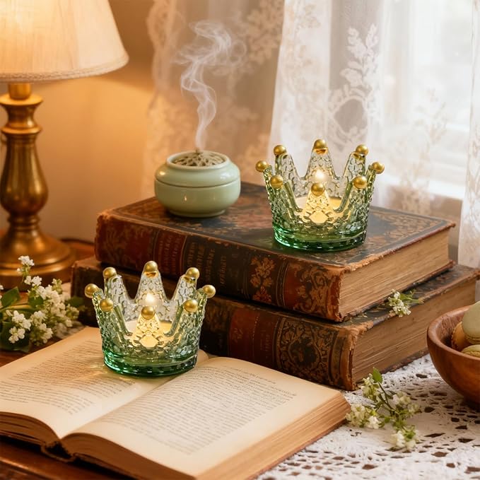 Rubtlamp 6 Pack Green Gold Crown Candle Holders, Glass Votive Candle Holders, Vintage Tealight Candle Holders for Table Centerpieces, Wedding, Bridal Shower, Birthday