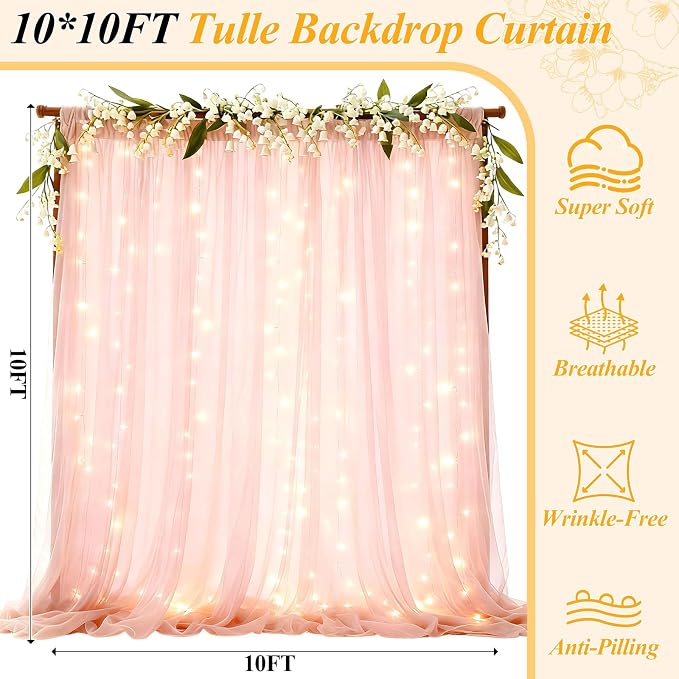 Ledido 10×10ft Pink Tulle Backdrop Curtains with Lights String - 300LED Fairy Lights Sheer Curtain Backdrop for Wedding Baby Shower Photo Shoot Birthday Party Decoration(2 Panels 5×10ft)，Pink