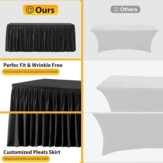 Wish Care 4 Pack Black Rectangle Table Clothes for 6 Foot Tables, Polyester Fitted Tablecloths 6ft Stretch Table Cover for Wedding, Birthday, Parties, Trade Show, Craft Show