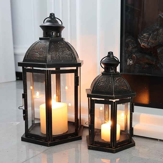 Large Lantern Decorative Outdoor & Indoor, Set of 2 (15’’&11’’) Metal Candle Lanterns Decor, Vintage Hanging Candle Holder for Front Porch Patio Wedding Farmhouse Home, Spring Decoration