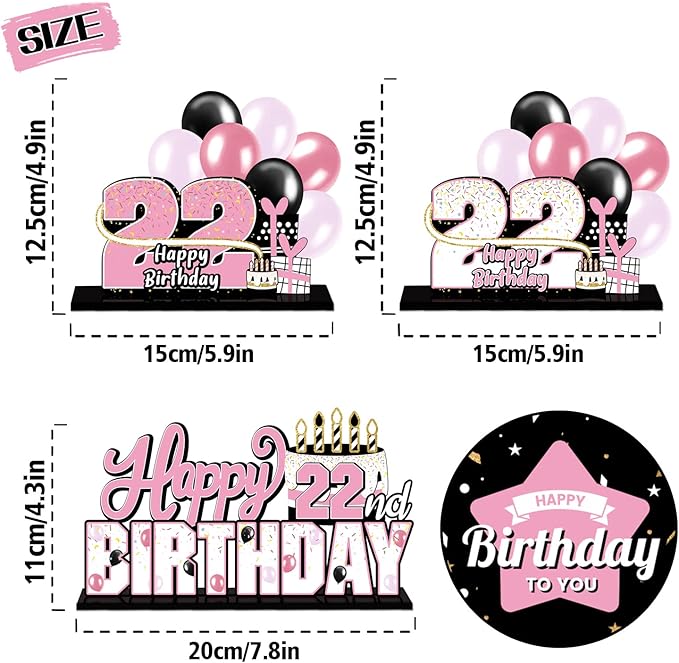 LINGTEER Happy 22nd Birthday Pink Acrylic Table Topper Centerpieces Set - Cheers to 22 Years Old Birthday 22nd Bday Party Gift Decorations.