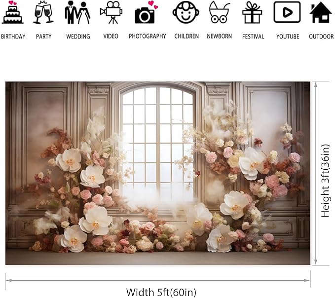 European Style Interior Room Backdrop 5x3ft Art Oil Painting Flowers French Window Photography Background Birthday Bridal Shower Women Girl Home Room Office Decor Banner Photo Studio Props