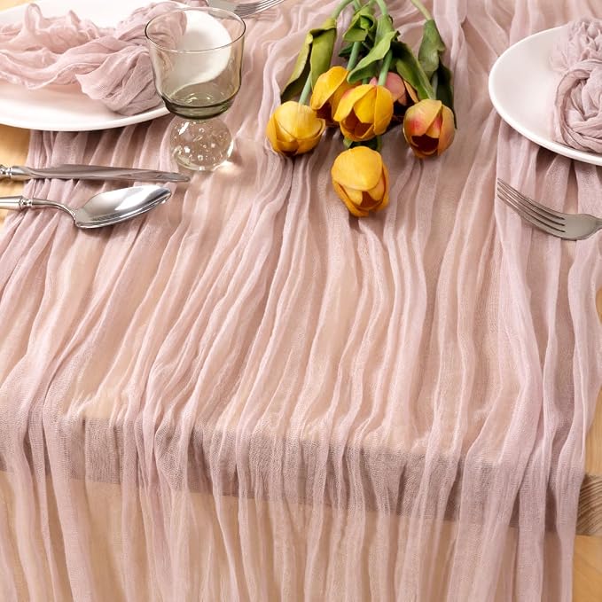 MLMC 2 Pack Pink Table Runner Boho Cheesecloth Table Runner 10ft Rustic Dusty Pink Gauze Cheese Cloth Centerpiece Decor 35x120 Inches for Wedding Bridal Shower Birthday Party