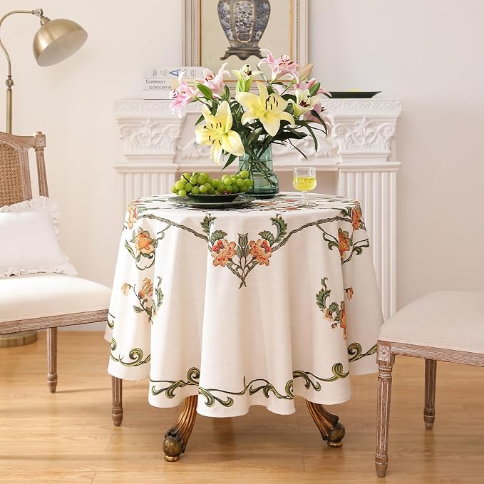 patdrea Vintage French Linen Tablecloth,Round,Diameter 55"-Santiago C | Beautiful Print Table Cloth for Round Table,Colorful Floral Patterned,for Dining Room Tea Party Thanksgiving