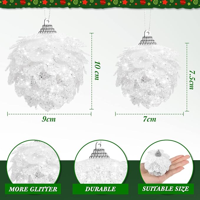 Sratte 8 Pcs Valentine Ball Ornaments Artificial Pinecone Hanging Ornaments Glitter Winter Faux Flower for Xmas Decor, 3.15/2.36 Inch(White)