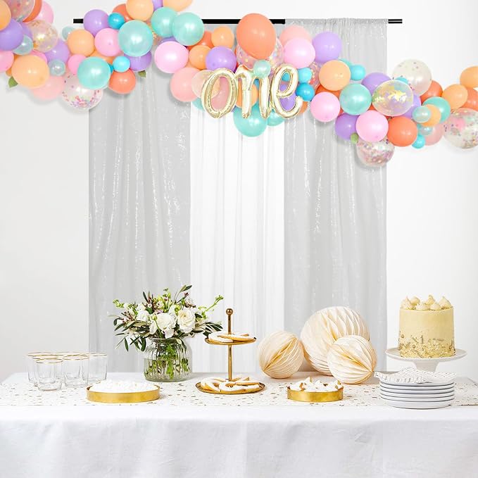 PartyDelight White Sequin Backdrop Curtains 2x8ft 2 Panels | 3mm stitched sequin curtain with 4 inch rod pocket for 2x8ft 2 panel doorway window side drape narrow photo booth strip