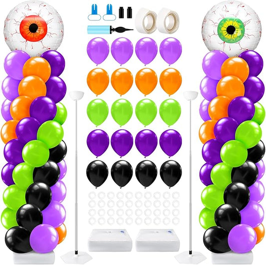 Kasyat 2 Set Halloween Eyeball Balloon Column Stand Kit with Red Green Eyeball Foil Balloon Orange Purple Green Black Arch Garland Kit for Spooky Birthday Party Halloween Theme Decoration