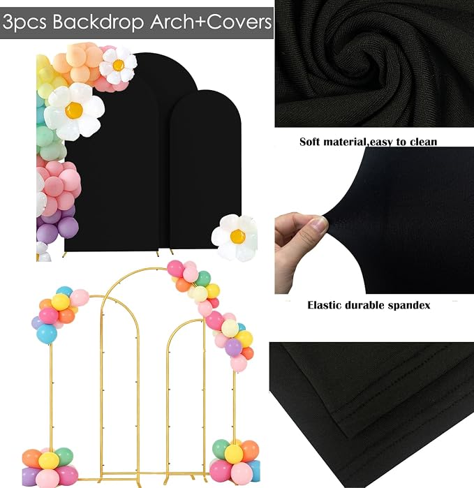 Wedding Arch Backdrop Stand and Cover Set, Black, 6FT/6.6FT/7.2FT | Set of 3, Metal Arch Backdrop Stand, High Elasticity Arch Cover, For Wedding Birthday Baby Shower