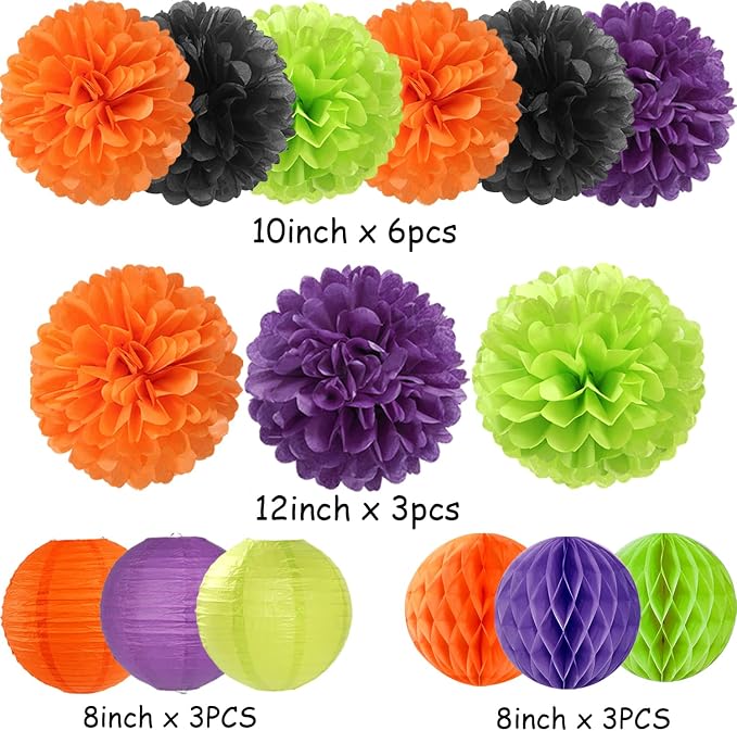 Orange Black Green Purple Paper Flowers Tissue Pom Poms Honeycomb Lanterns 15pcs Party Decorations Halloween Birthday Wedding Baby Bridal Shower Bachelorette Hanging Supplies Mprocherify