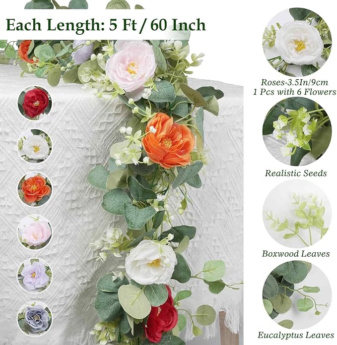 2Pcs(10FT) Artificial Eucalyptus Garlands with Rose Flowers, Faux Floral Greenery Garland Fake Flower Vines for Valentine's Day Wedding Table Arch Party Anniversary Backdrop Decor (Colorful)