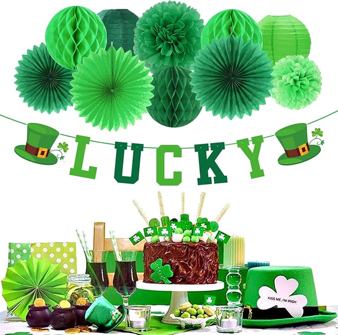 St-Patricks Day Decorations Saint-Patrick's Party Decor - 22pcs Lucky Banner,Green Shamrock Garland Paper Lanterns, Tissue Pom Poms Honeycomb Balls Flowers Fans Favors Supplies Hugmoon