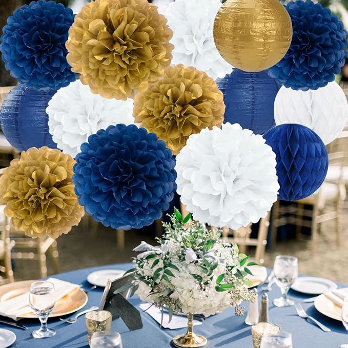 Navy Blue Gold White Paper Flowers Tissue Pom Poms Honeycomb Lanterns 15pcs Royal Party Decorations Birthday Wedding Baby Bridal Shower Bachelorette Graduation Hanging Supplies Mprocherify