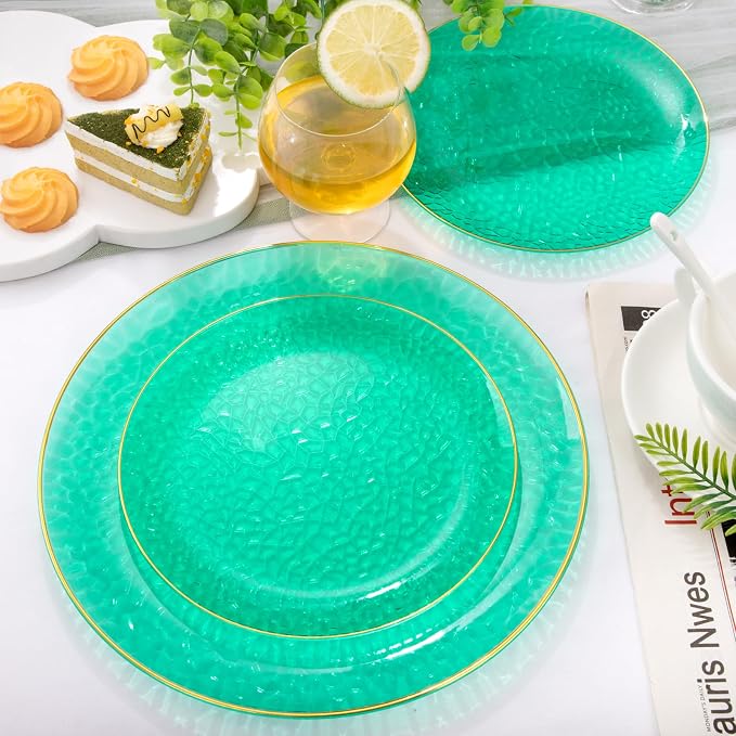Hioasis 60pcs Green Plastic Plates - Gold Rimmed Disposable, Hammered, Heavy-duty Dinnerware Set Suitable for 30 Guests, 10.25" Dinner & 7.5" Dessert Plates for Party & Wedding