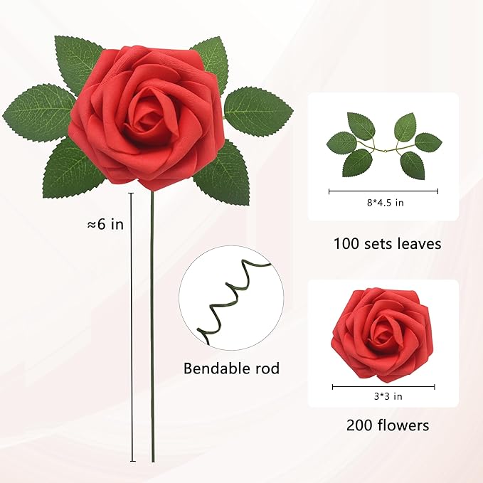 JOYLEX Artificial Flowers Realistic Roses, Real Looking Fake Roses with Stem for DIY Wedding Bouquets Centerpieces Bridal Shower Party Home Romantic Decorations (Red, Regular 3" - 200pcs)