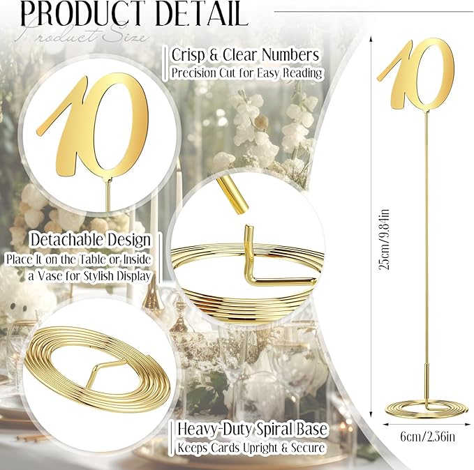 Novabright 20 Pcs Metal Table Numbers 1-20 Numbers for Wedding Reception, 10 Inch Stainless Steel Table Number Signs with Sturdy Holder Base for Banquet, Party, Restaurant & Event Decor (Gold)