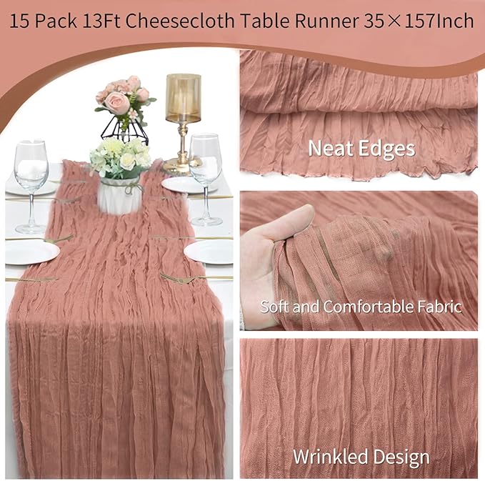 15 Pack Cheesecloth Table Runner 10Ft Cheese Cloth Table Runner 35 x120Inch Boho Gauze Table Runners Rustic Table Cover for Romantic Wedding Birthday Party Bridal Baby Shower Table Decor(Dusty Blush)