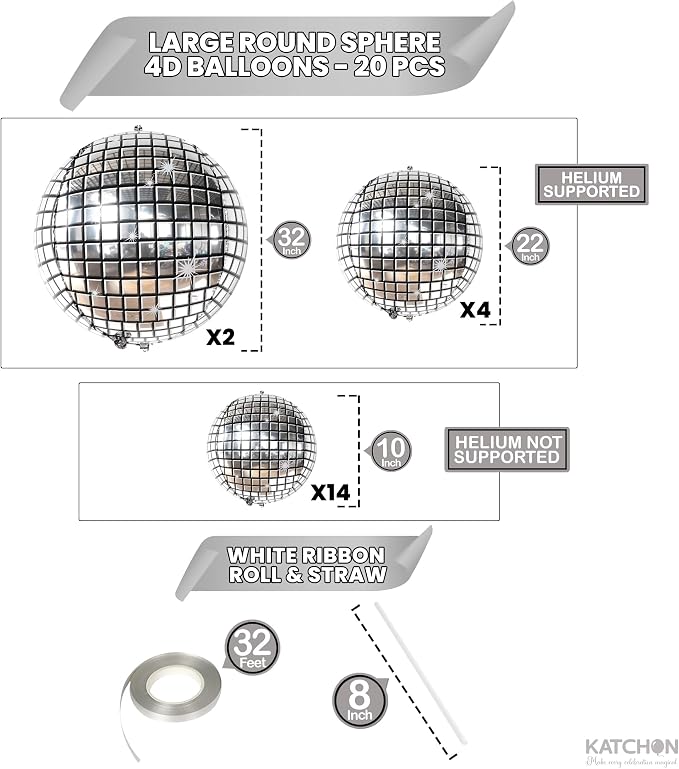 KatchOn, Silver Disco Ball Balloons - 32 Inch, Pack of 20 | Shiny Disco Ball for Disco Party Decorations | 4D Disco Balloons for Disco Bachelorette Party Decorations | Mamma Mia Party Decorations