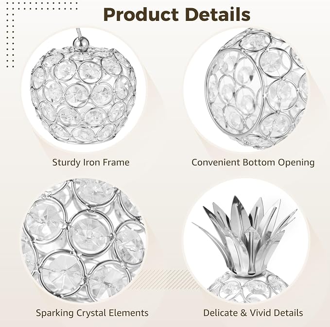 3 Pcs Silver Crystal Tea Light Holder, Crystal Hollow Candlestick, Metal Pineapple Pear Apple Set, Table Centerpiece, Ideal for Wedding, Party, Anniversary and Home Decor