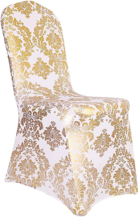 Pack of 1 Dining Chair Covers Bronzing Gold Flower Print Removable Washable Spandex Stretch Decorative Chair Slipcovers Set for Party Wedding Home Decorations - Gold+White
