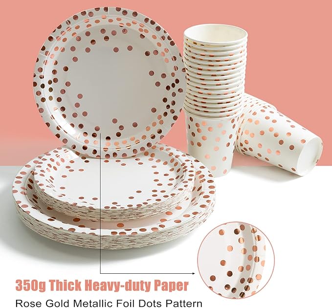 HOMIX 175 Pieces Rose Gold Party Supplies - Rose Gold Dot on White Paper Plates and Napkins Cups Silverware Serves 25 Sets for Wedding Bridal Shower Engagement Birthday Parties