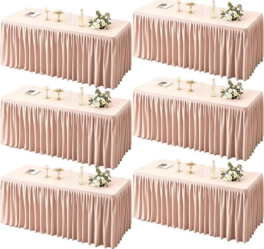 PARTISKY 6 Pack Pale Pink Tablecloths for Rectangle Tables 6ft, Wrinkle Resistant Spandex Table Cover Fitted Stretch Table Cloth with Pleated Ruffle Skirts for Party Banquet Dining Birthday Wedding