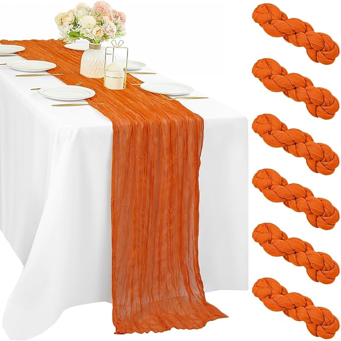 6 Pieces 10FT Orange Cheesecloth Table Runner Boho Gauze Fabric Runner for Tables Rustic Sheer Runner for Wedding Bridal Shower Birthday Holiday Party Cake Table Arbor Decor (35 x 120 Inches Long)