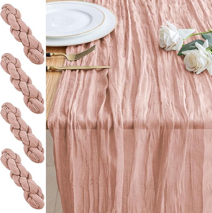 4PCS Table Runner Cheesecloth 10FT Dusty Pink Boho Gauze Cheese Cloth Rustic Sheer Table Runners for Wedding Bridal Baby Shower Party Decoration