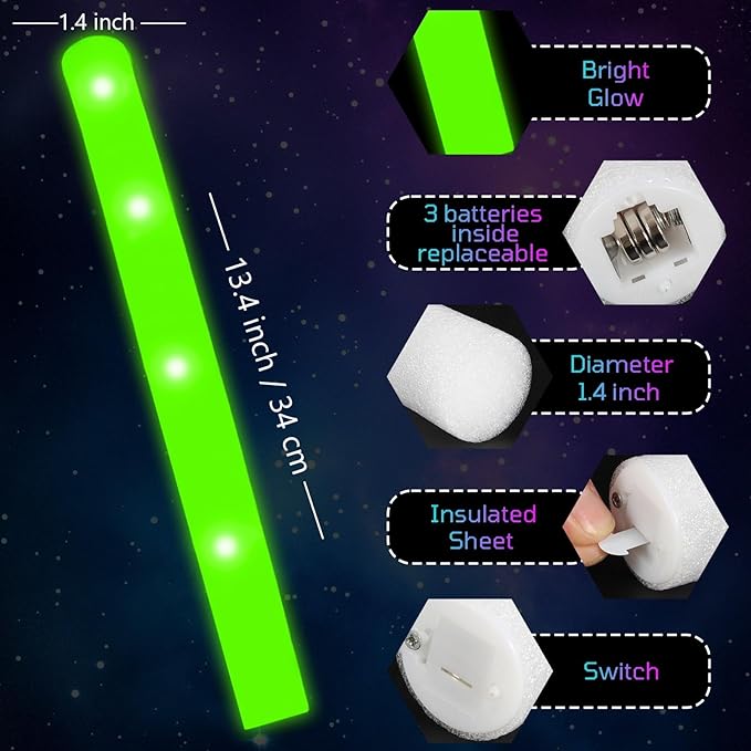 Foam Glow Sticks Bulk, 40 Pack Green Light Up Foam Sticks 3 Modes Flashing, Glow Party Supplies for St. Patrick's Day,Mardi Gras, Raves, Carnival, Concert, Birthday, Christmas