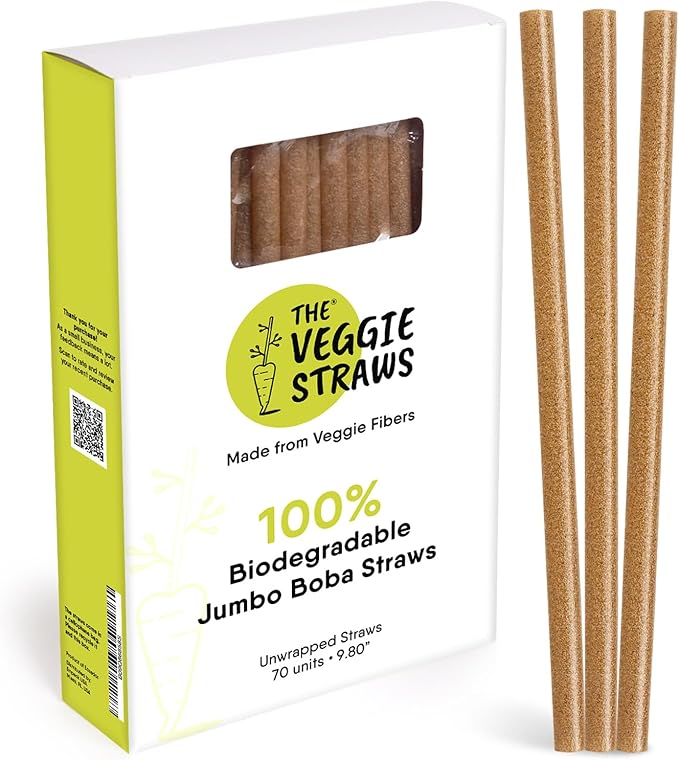 The Veggie Straws – 70 PCS of 9.80 Inches Unwrapped Biodegradable Jumbo Boba Straws – Made of Vegetable Fibers, Best Environment Friendly Drinking Straws for Hot and Cold Beverages