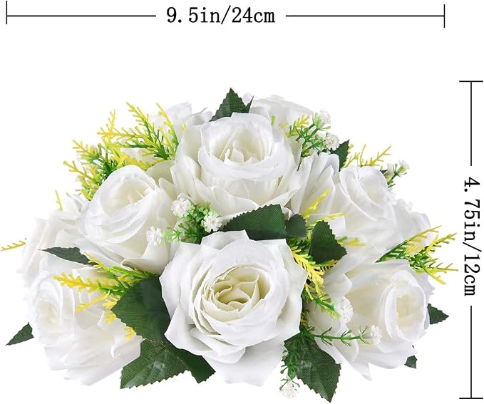 LoveCat Artificial Flower Centerpieces for Tables: 6pcs of Rose Flower Balls, Flower Kissing Balls, Fake 15-Head Plastic Flower Roses with Base for Birthday Party Christmas Home Wedding Decor (White)