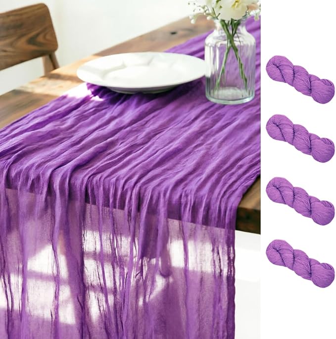 LINXTAR Purple Cheesecloth Table Runner 4 Pack 120 Inches 10Ft Gauze Summer Boho Table Runner for Wedding Tea Party Baby Shower Bridal Birthday Home Decoration