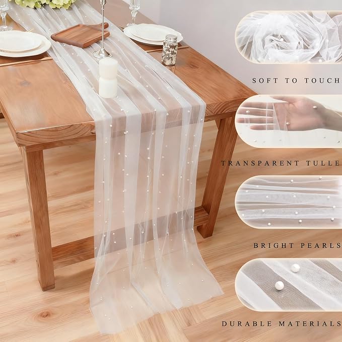 Set of 6 Pearl Table Runner 10ft, 29 * 120 Inch White Table Cloth Pearl Sheer Tulle Table Cover,Pearl Table Runner for Wedding Party Baby Shower Birthday Home Decor